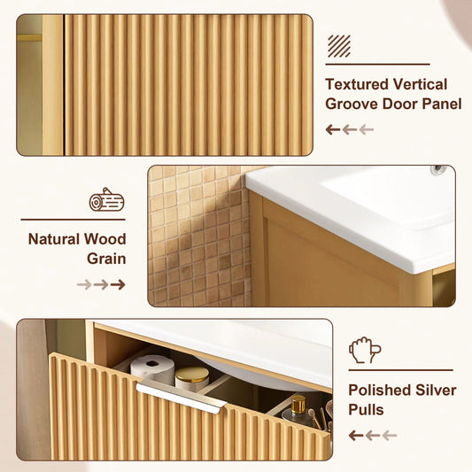 Bathroom vanity with sink in natural wood, open shelf and closed storage by Unique Piece Furniture on Tampa Home & Garden Store
