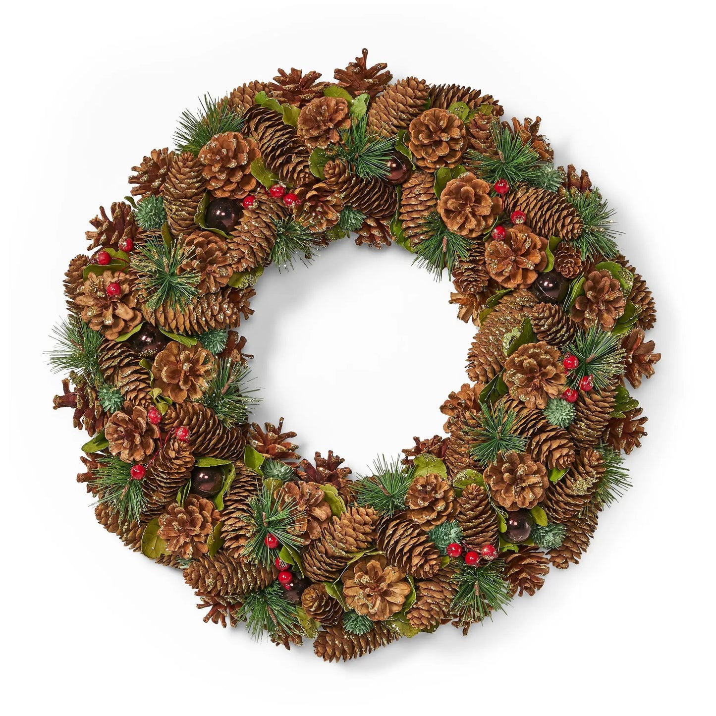 Pine cone wreath 18.5 inches with natural brown cones and red berries on Tampa Home & Garden Store