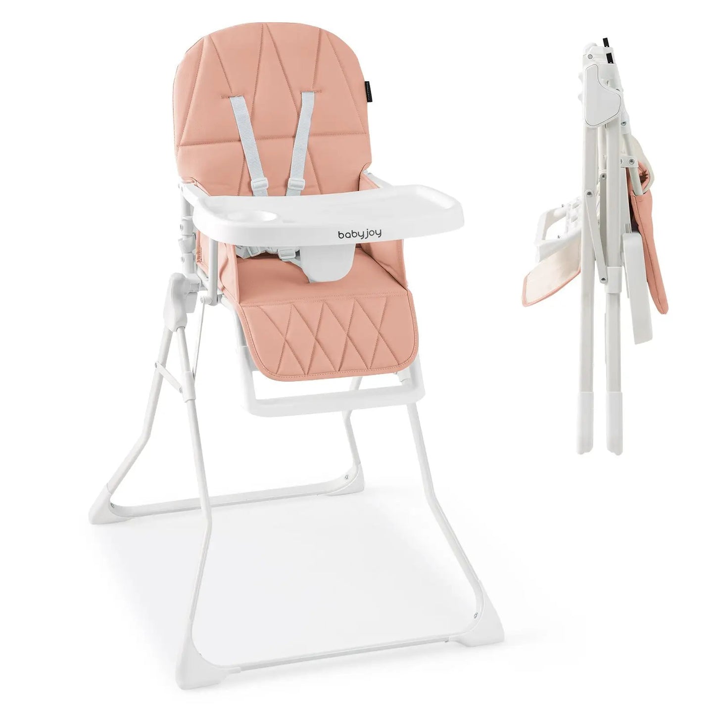 Easy Clean Compact Highchair with removable tray, peach-pink quilted PU seat by babyjoy on Tampa Home & Garden Store