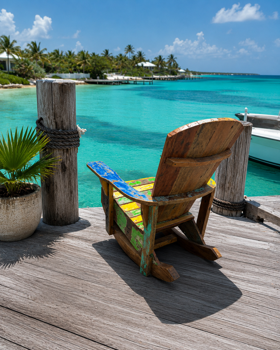 Recycled boat wood Adirondack rocking chair with colorful panels on a dock by turquoise water on Tampa Home & Garden Store