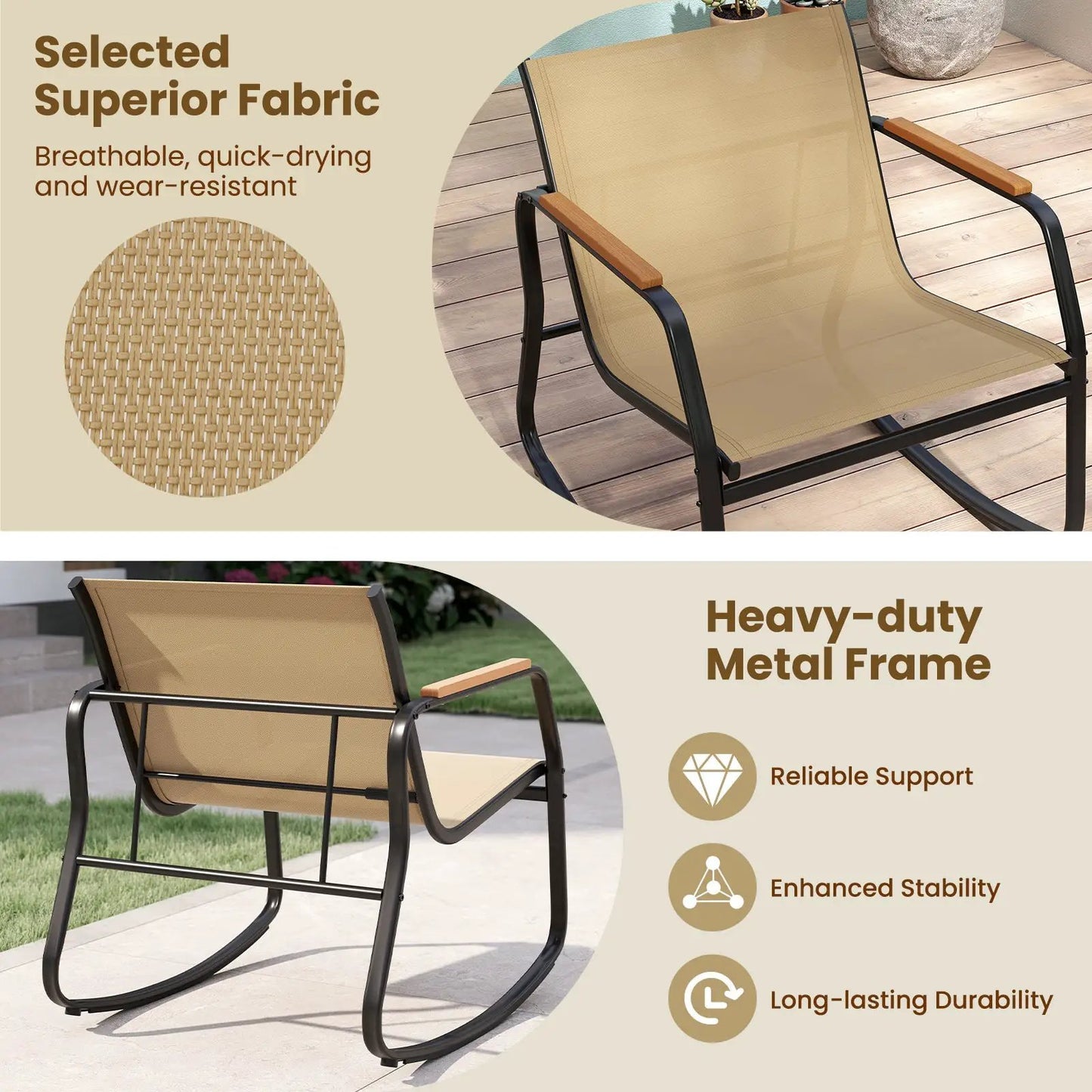 3-Piece Rocking Bistro Chairs and Side Table Set beige mesh seating, black metal frame on Tampa Home & Garden Store