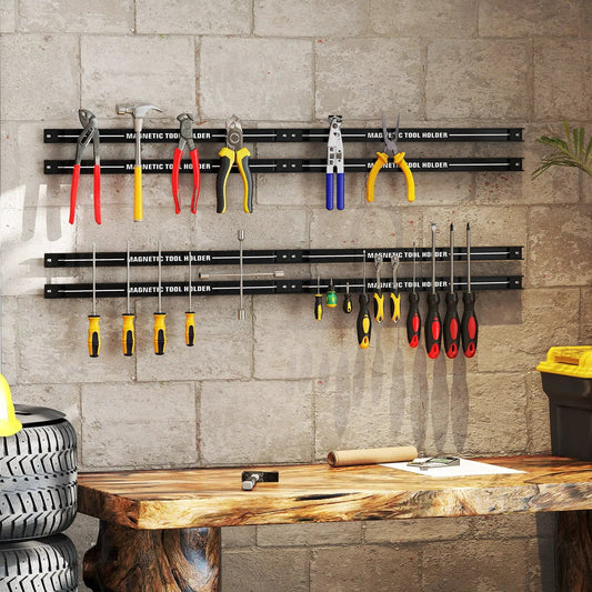 Two 18-inch magnetic tool holder strips on a concrete wall with pliers and wrenches on Tampa Home & Garden Store
