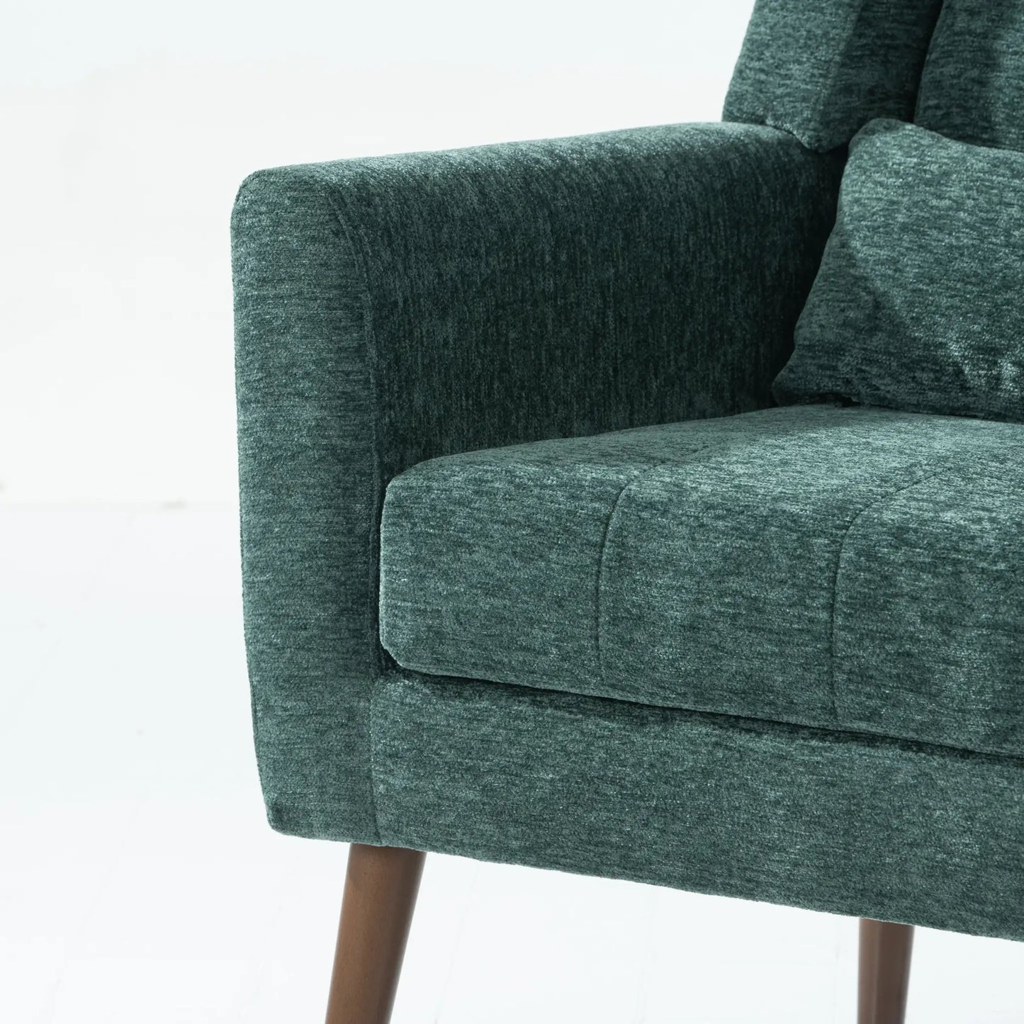 Mid Century Chenille Accent Chair in blackish green with brown wooden legs on Tampa Home & Garden Store