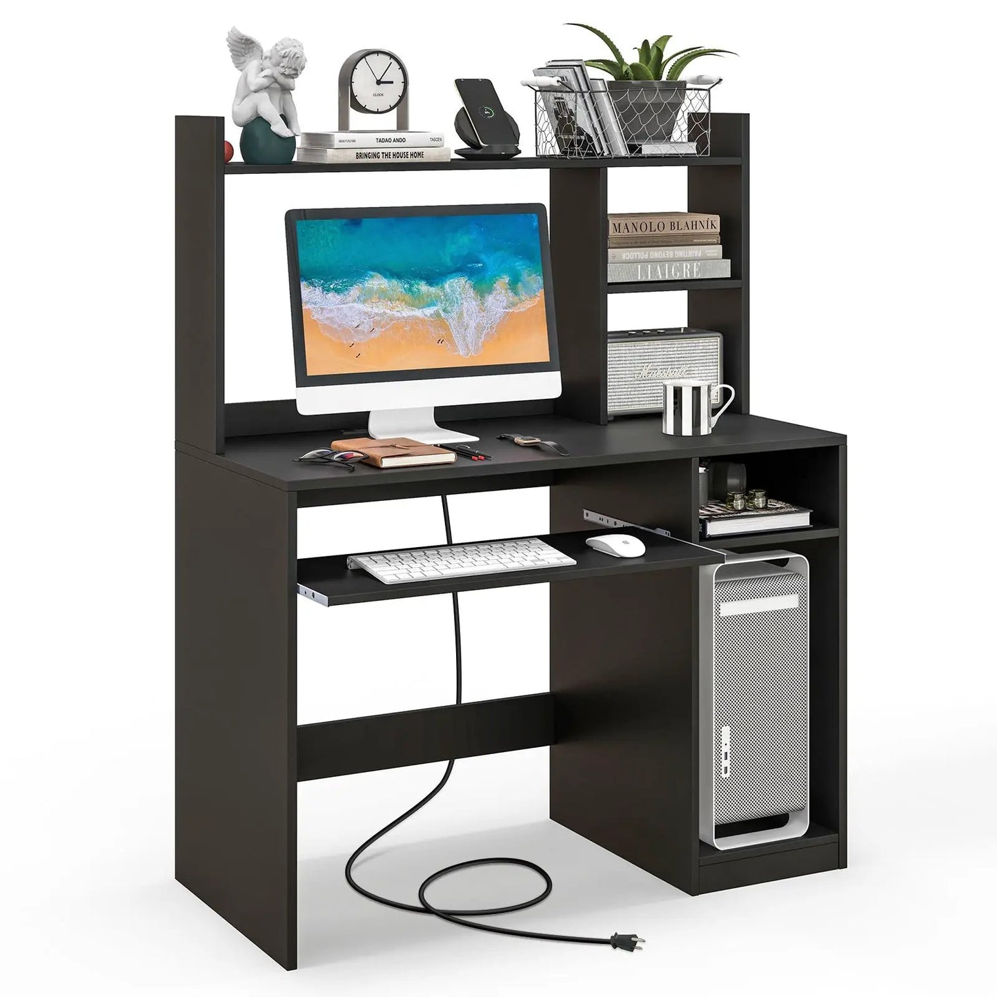 Home Office Computer Desk with Bookcase Keyboard Tray and CPU Stand-White - Tampa Home & Garden Store