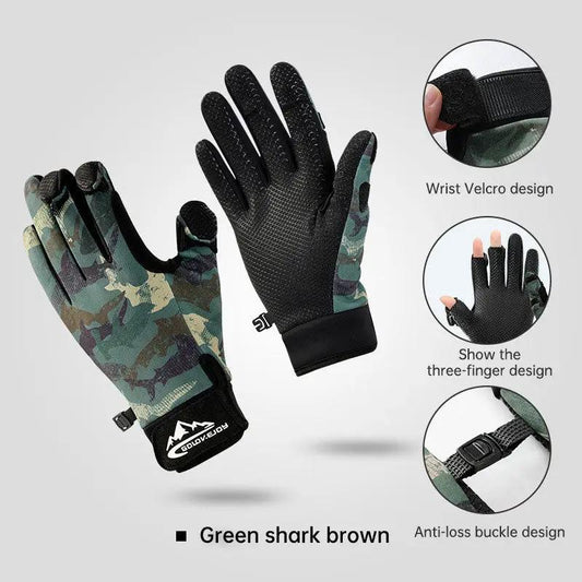 Outdoor Luya three-finger non-slip fishing gloves with camo cuff and palm grip pair on Tampa Home & Garden Store