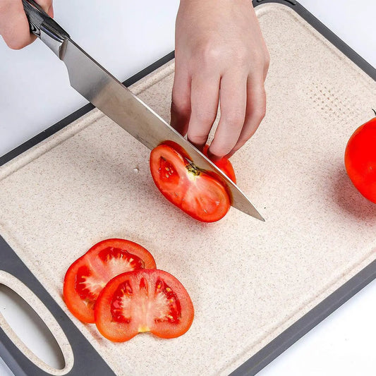 Two In One Sided Chopping Board 304 Stainless beige cutting board with gray rim slicing tomato on Tampa Home & Garden Store