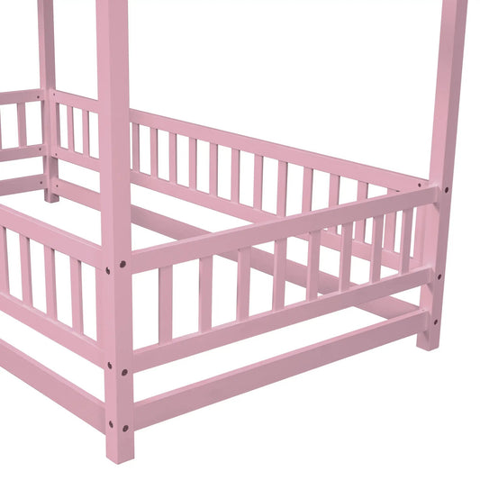 Twin size pink wooden floor bed with house roof frame for toddlers VIP Digital Presence on Tampa Home & Garden Store