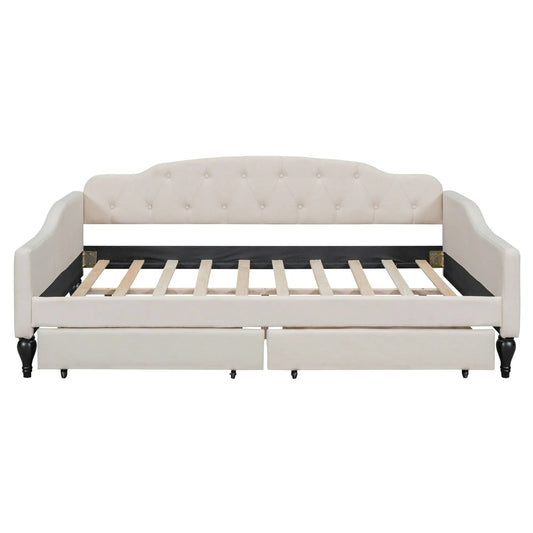 Full size tufted beige daybed with two drawers, curved headboard, wooden slats on Tampa Home & Garden Store