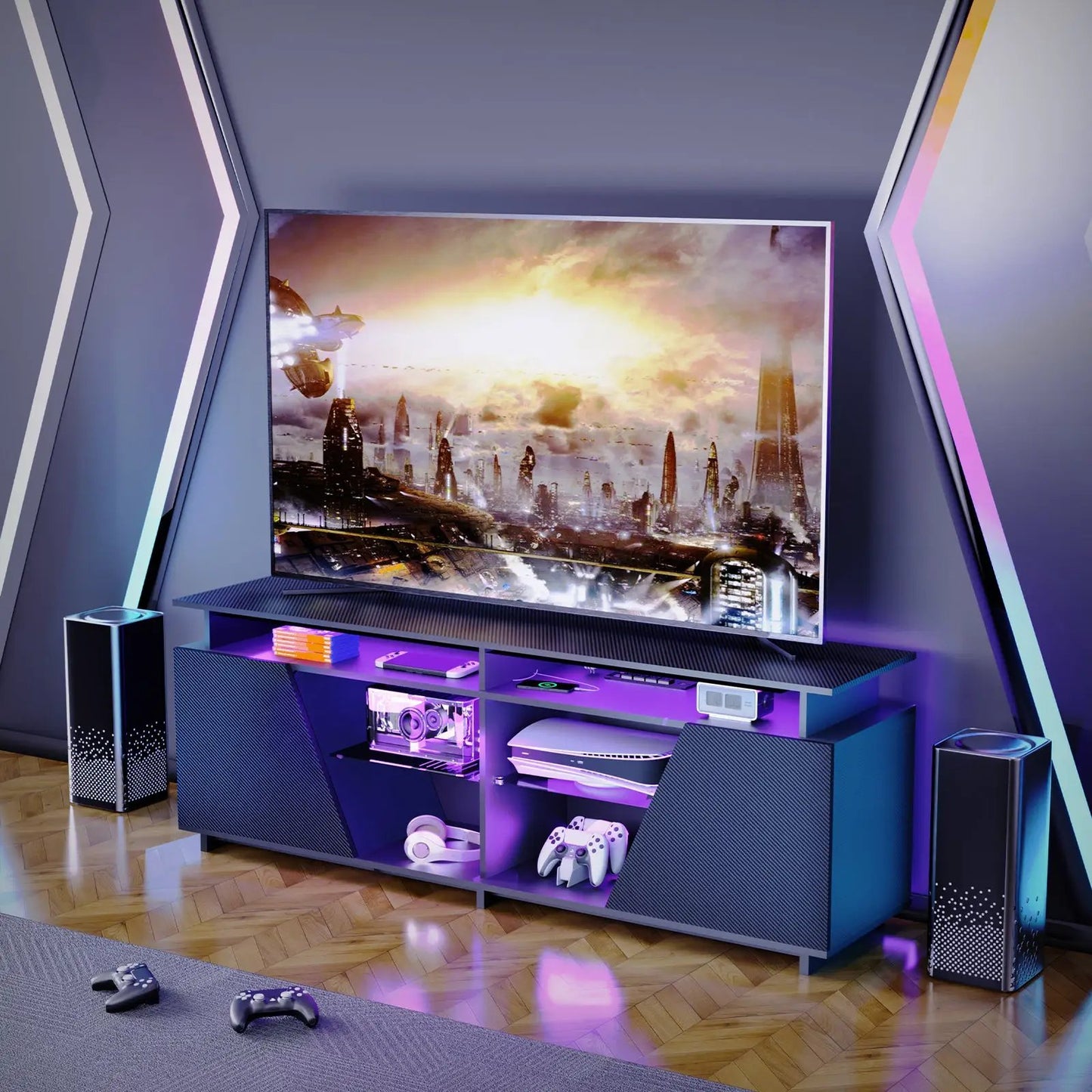 Mueble de TV para juegos PS5 con toma de corriente, para televisores de 75 pulgadas o menos, centro de entretenimiento LED, adecuado para sala de estar, dormitorio