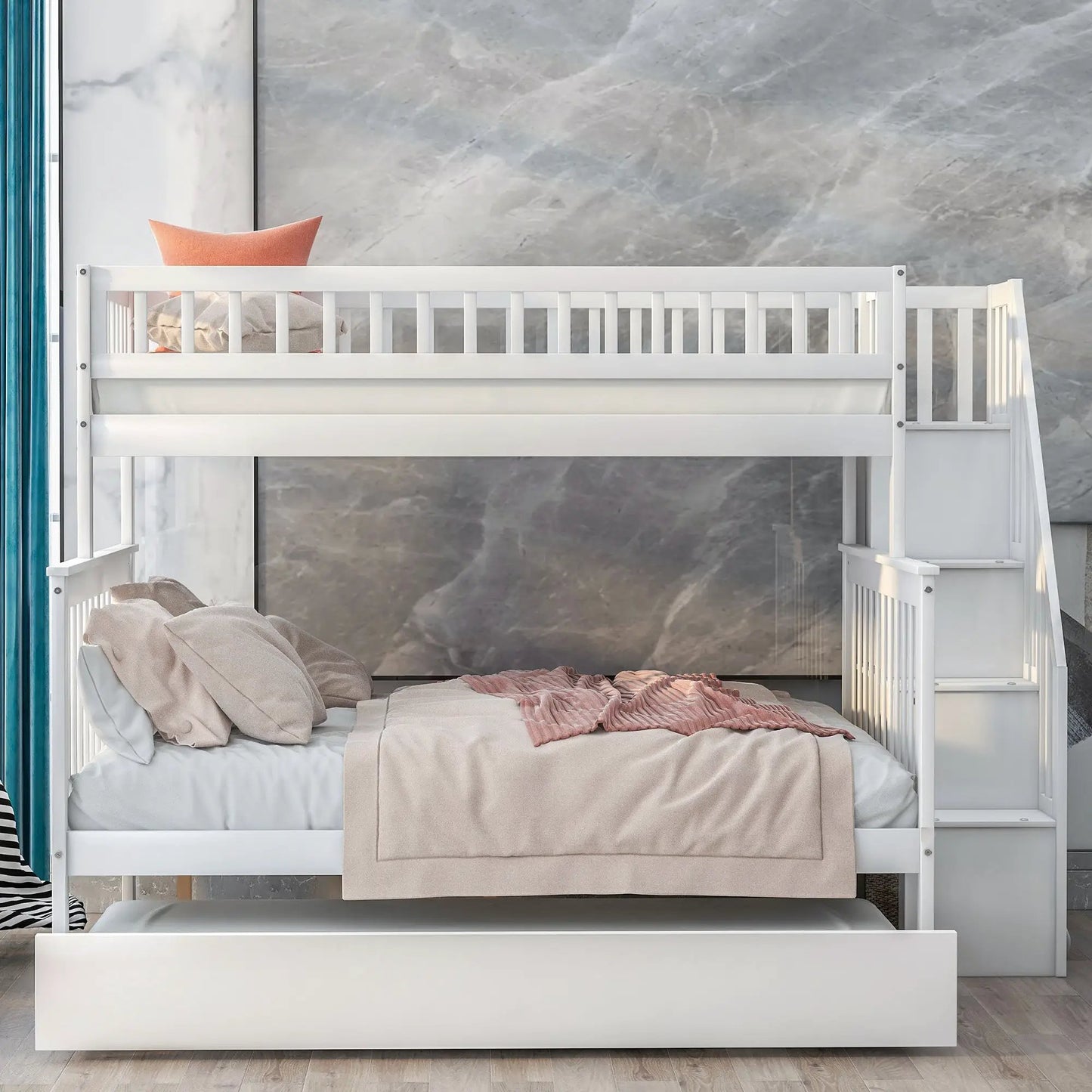 White wooden twin over full bunk bed with built-in staircase and beige bedding on Tampa Home & Garden Store
