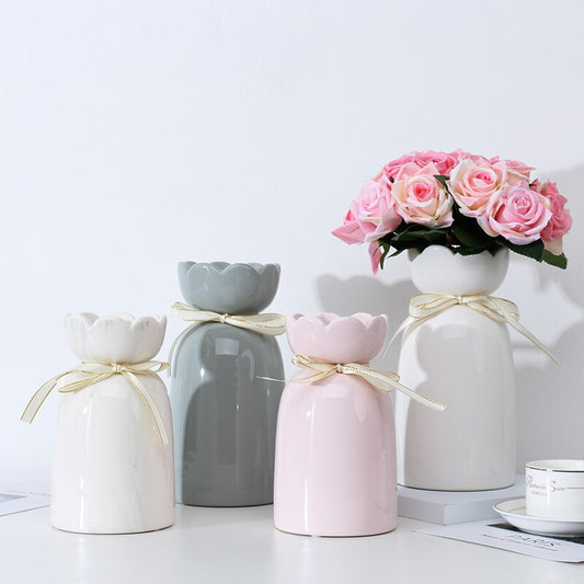 European-style creative ribbon ceramic vase dining room table dry flower arrangement table top decoration at home - Tampa Home & Garden Store