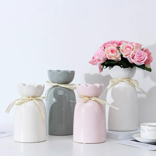 European Ribbon Ceramic Vase set of four in white, gray, pink with scalloped rims and ribbon bows for dining table on Tampa Home & Garden Store