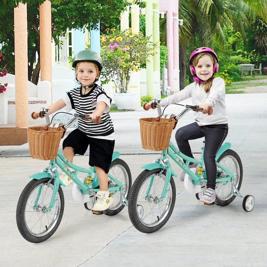 18 Inch Kids Bike with Training Wheels and Brakes two bikes mint green wicker baskets helmets on Tampa Home & Garden Store