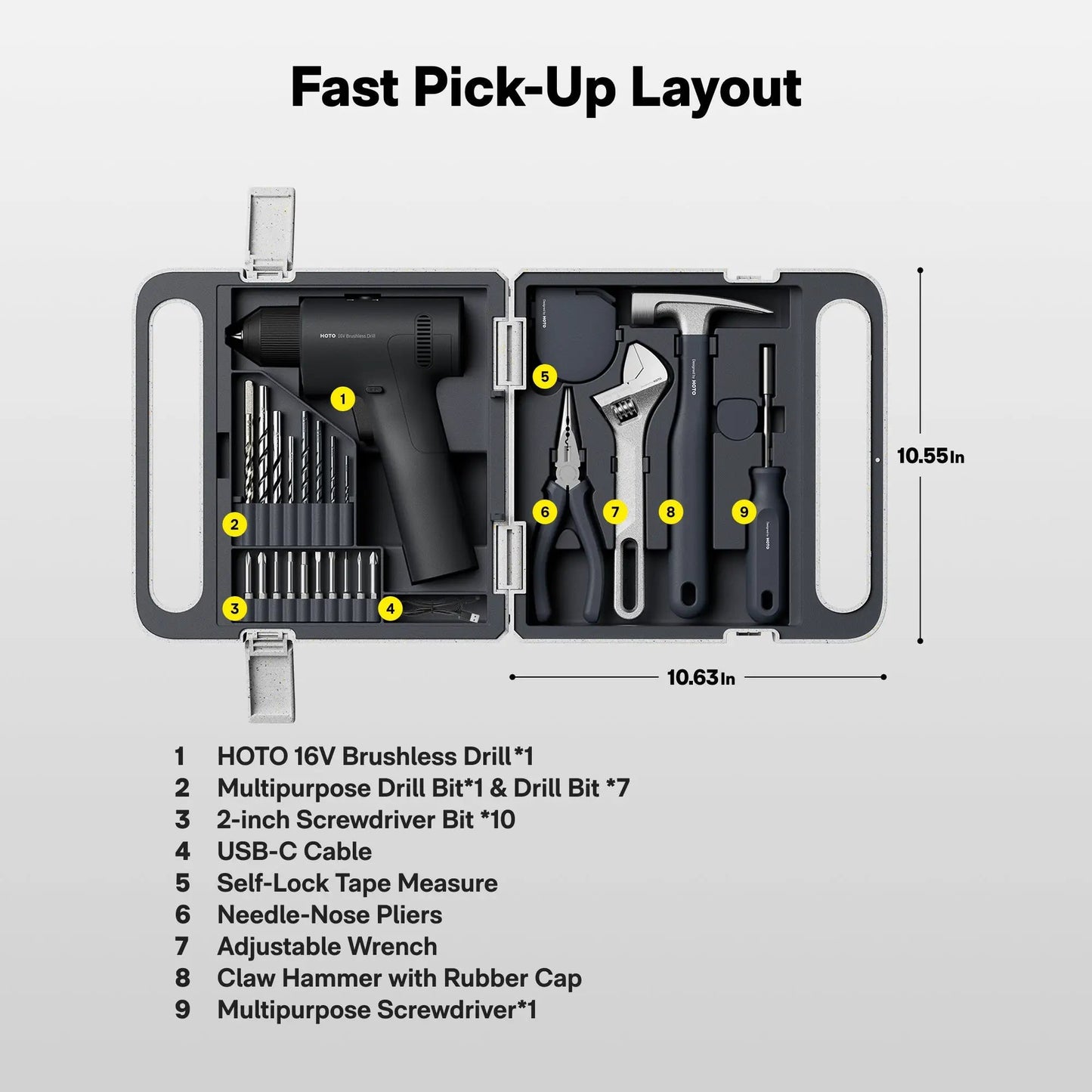 HOTO 16V Brushless Drill Tool Kit in a hard plastic case with drill, bits, pliers, hammer, USB-C cable on Tampa Home & Garden Store