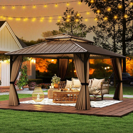 16 x 12 ft hardtop gazebo coffee-brown with metal roof, beige curtains and outdoor seating area on Tampa Home & Garden Store