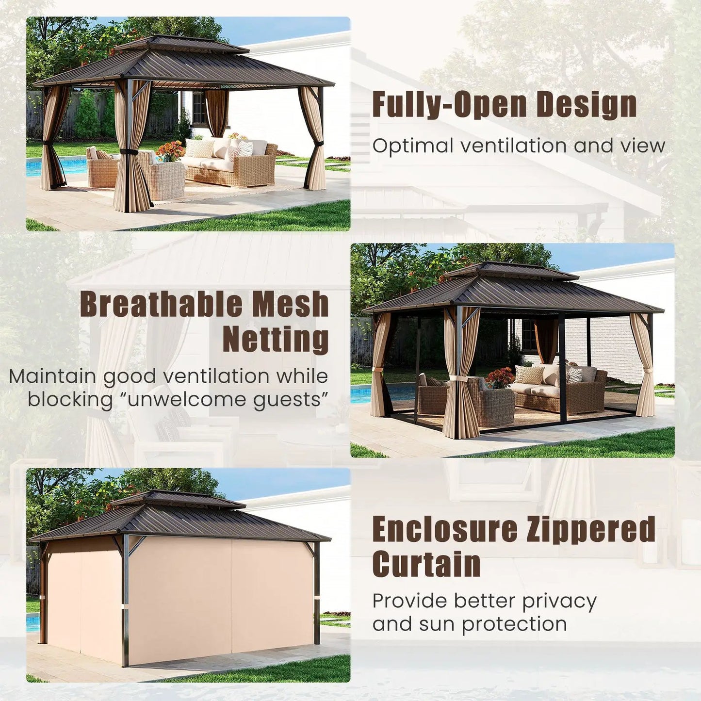 Hardtop gazebo 16 x 12 ft DirectDeals coffee color with curtains for patio garden on Tampa Home & Garden Store