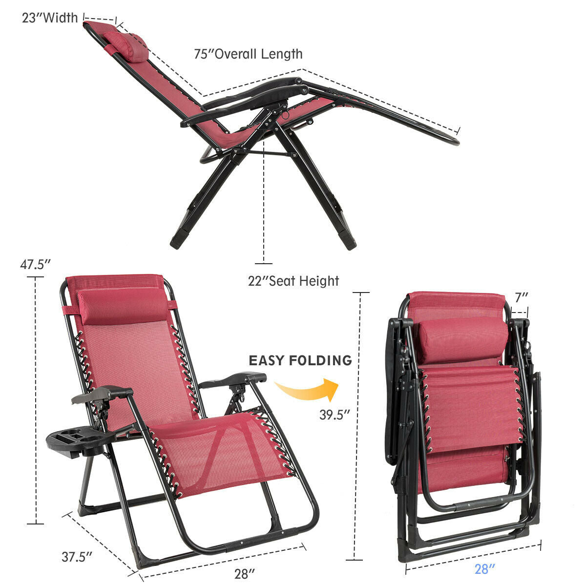 Sillón reclinable grande con portavasos de alta resistencia para exteriores - Azul