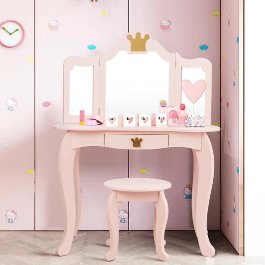 Kids makeup dressing table tri folding mirror with crown topper and pink stool on Tampa Home & Garden Store