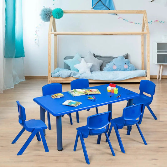 Kids Plastic Rectangular Learn and Play Table with 6 blue chairs on Tampa Home & Garden Store