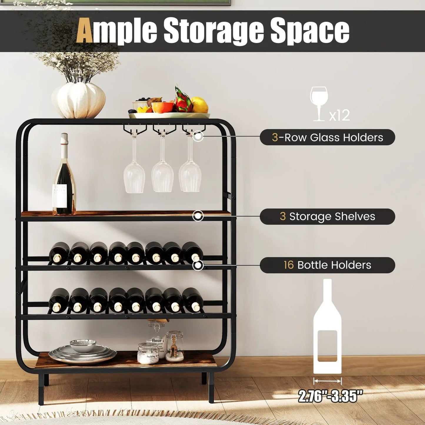 Wine rack 5-tier with 16 bottle holders and glass holders, black metal frame with wood shelves on Tampa Home & Garden Store