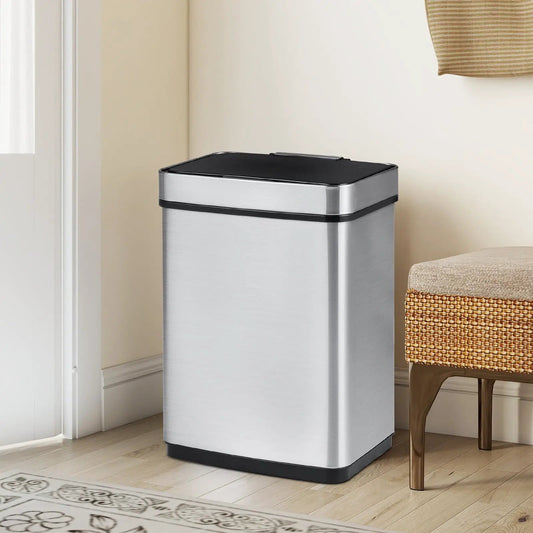 Motion Sensor Trash Can with Dual Compartments brushed stainless steel with black lid on Tampa Home & Garden Store