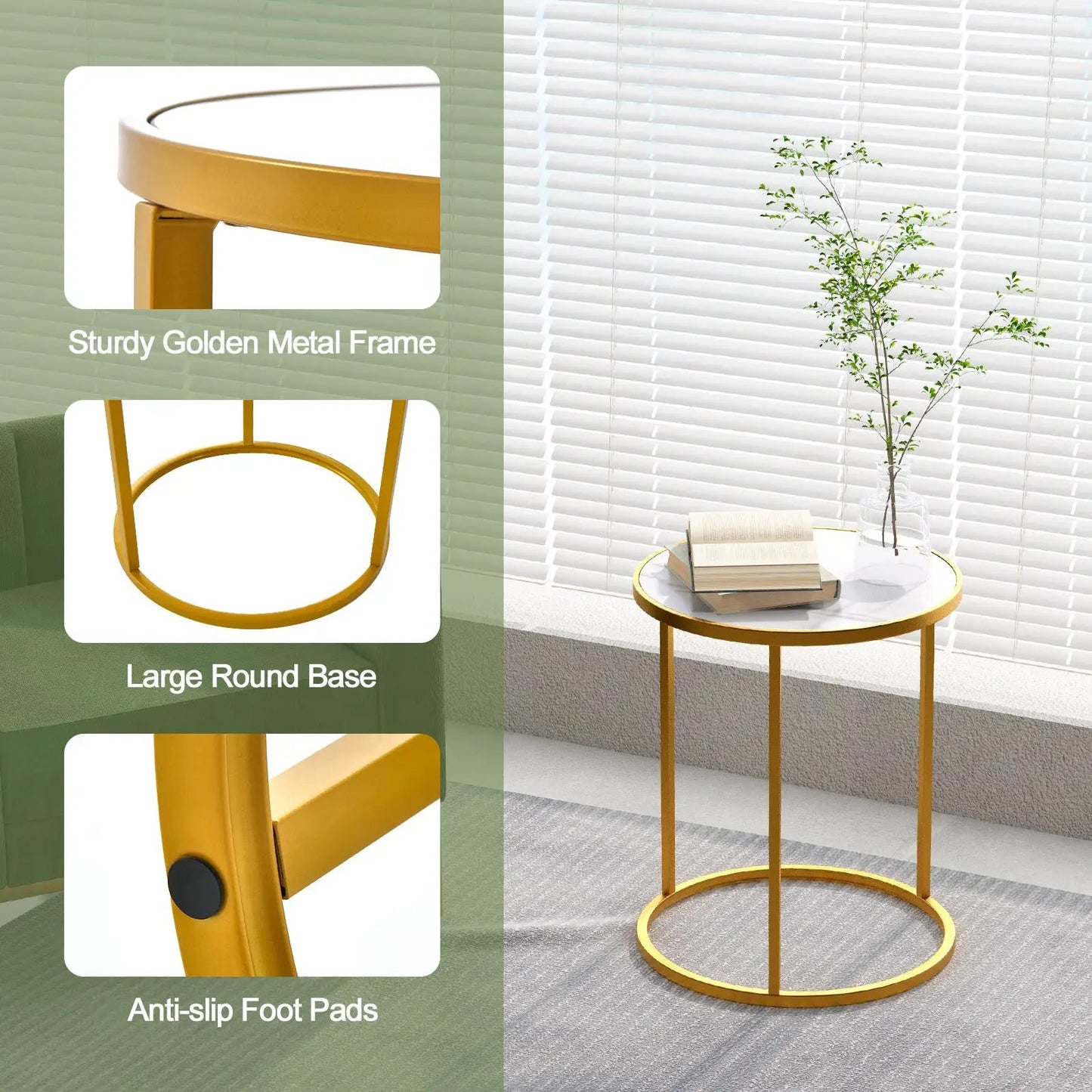 Marble Top Round Side Table with Golden Frame 16-in DirectDeals round base on Tampa Home & Garden Store