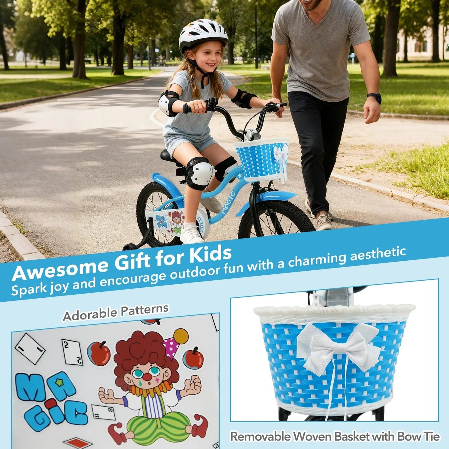 Kids bike with training wheels and front blue-and-white woven basket on Tampa Home & Garden Store