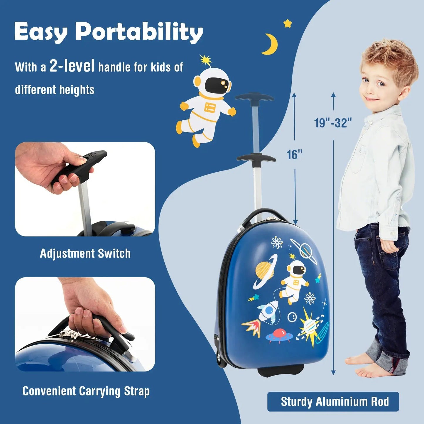 16 Inch Kids Carry-On Luggage with Wheels, blue hard-shell case with space graphics on Tampa Home & Garden Store