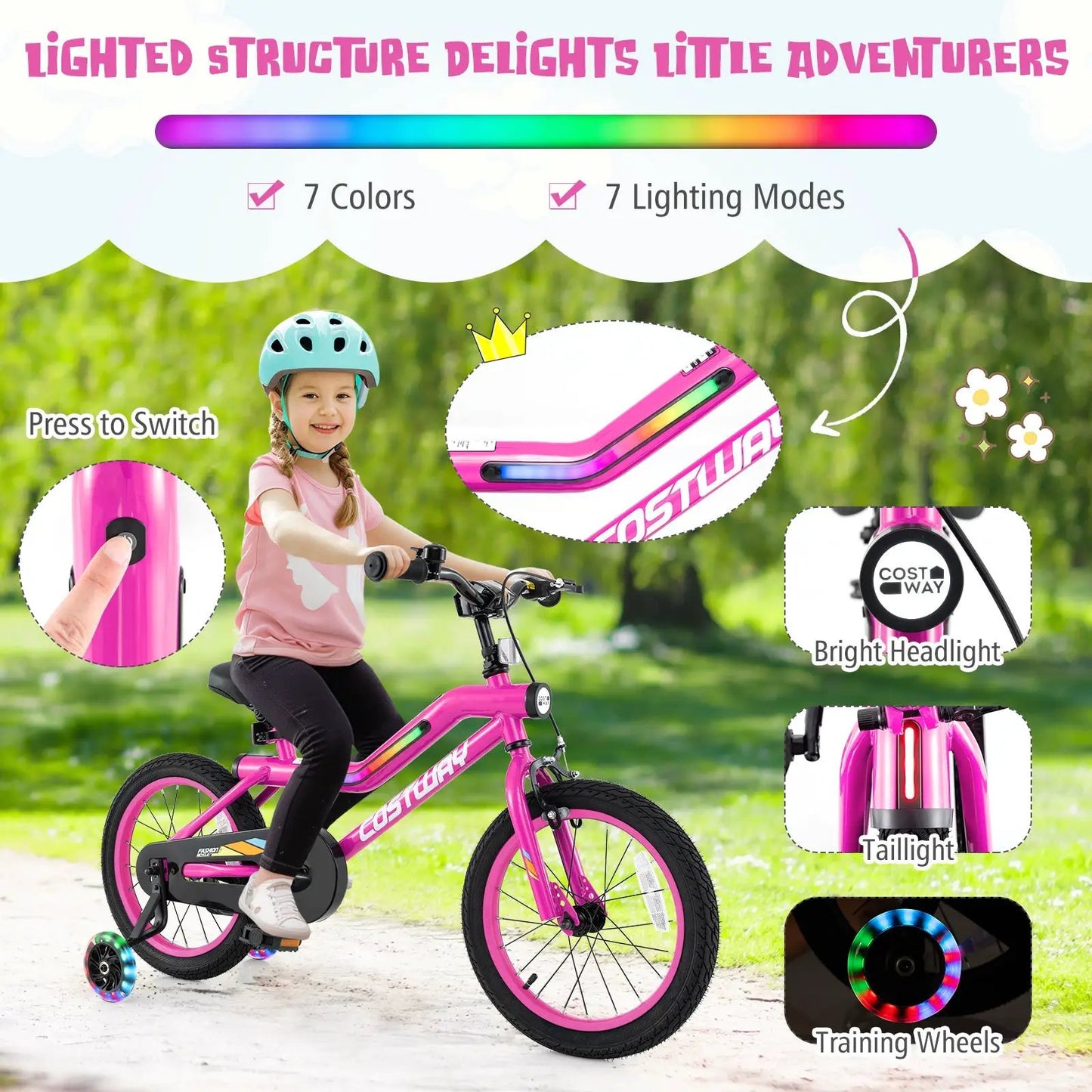 16 Inch LED Lighted Kids Bike with Training Wheels and Headlight for Ages 4-7 Years-16 inches - Tampa Home & Garden Store