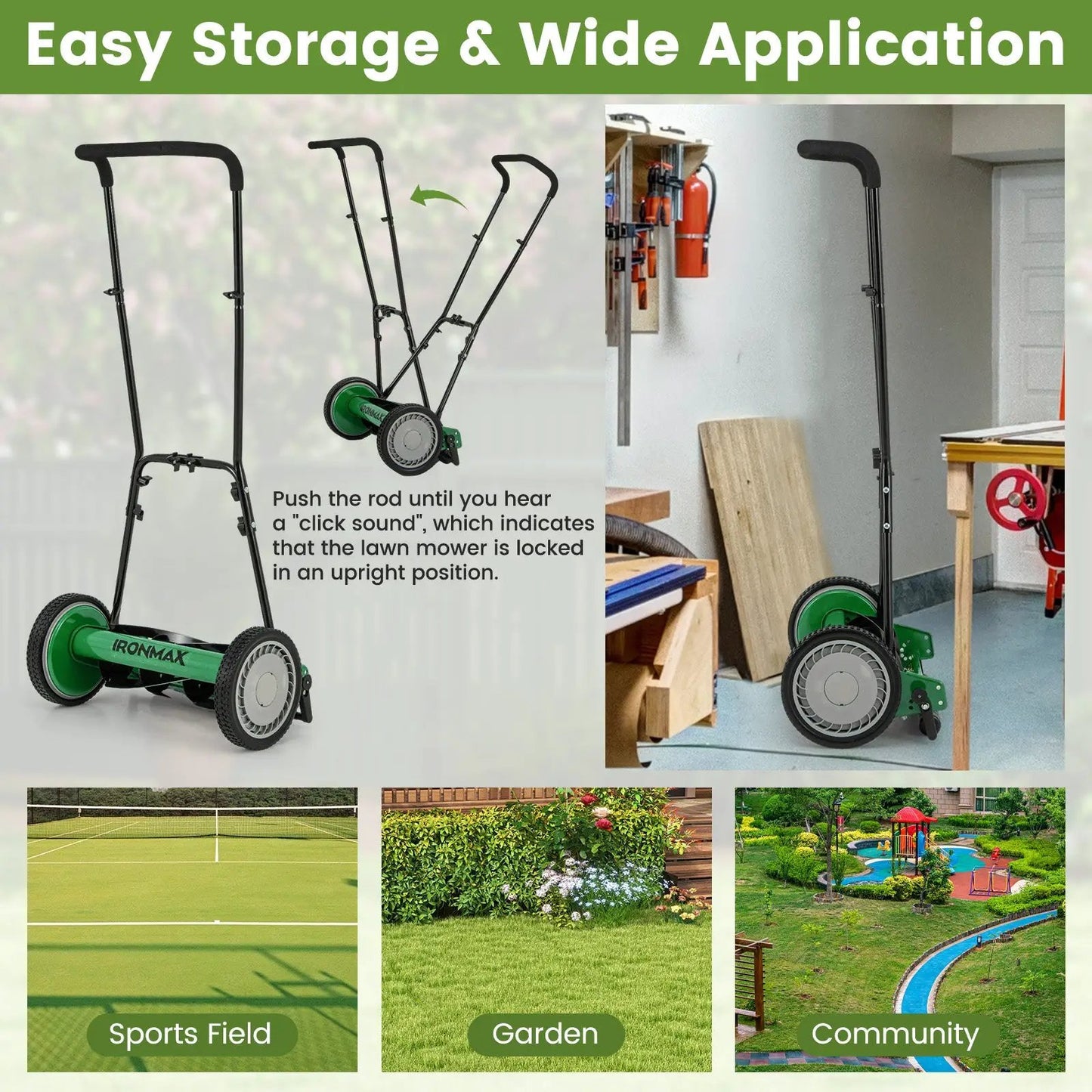 Push lawn mower, 16-inch, steel blades with grass catcher bag, Ironmax walk-behind on Tampa Home & Garden Store