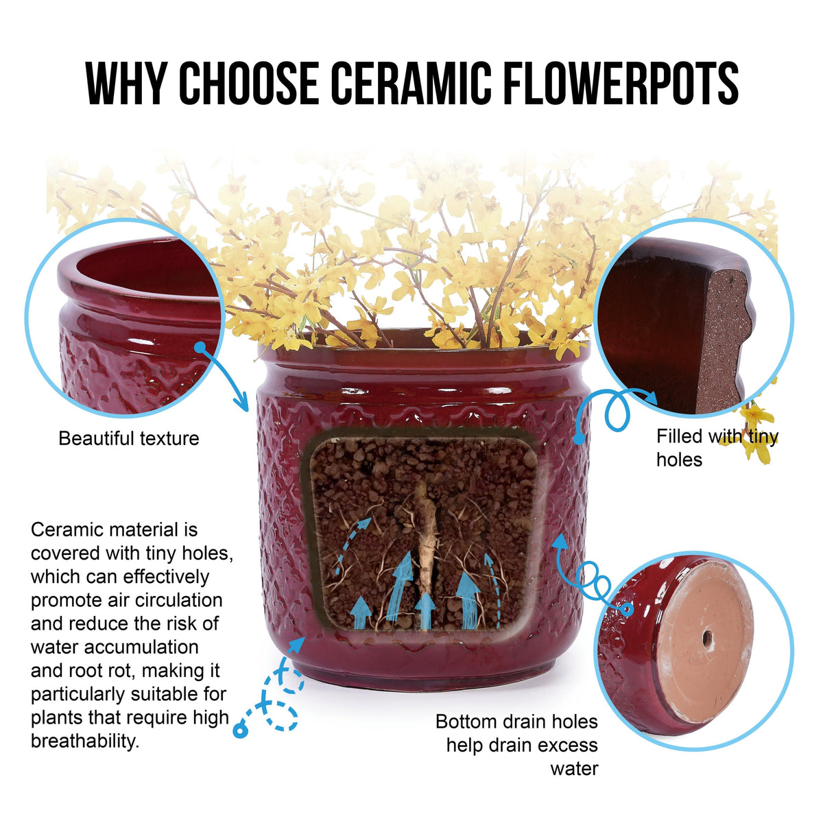 Bean Paste Red Ceramic Flowerpot Set with Diamond Pattern, 3-piece by HouseOfZazla on Tampa Home & Garden Store