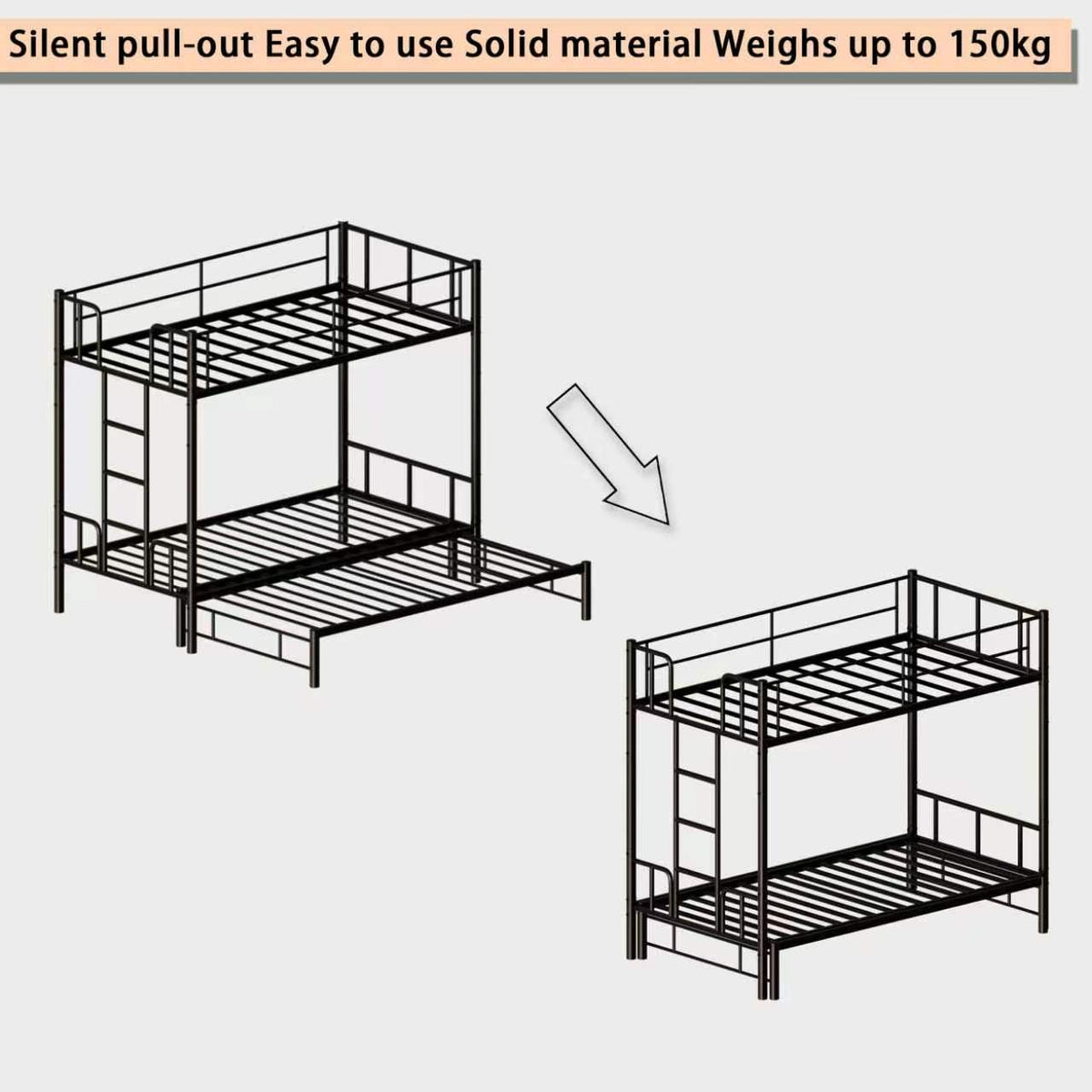 Twin size metal pull-out bunk bed with ladder, black steel frame HouseOfZazla on Tampa Home & Garden Store