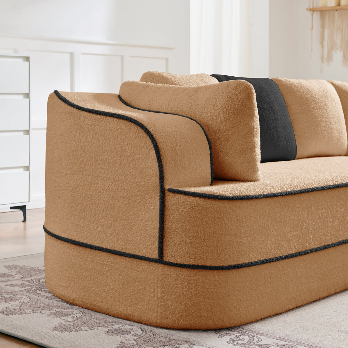 Elysees left chaise sofa in camel teddy fabric with black piping and pillows on Tampa Home & Garden Store