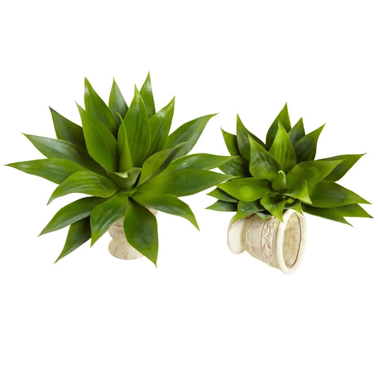 Artificial 17-inch agave succulents set of 2 in carved stone pots Nearly Natural on Tampa Home & Garden Store