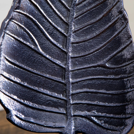 17-inch aluminum Bodhi leaf decorative accent with dark metallic finish and textured veins on Tampa Home & Garden Store