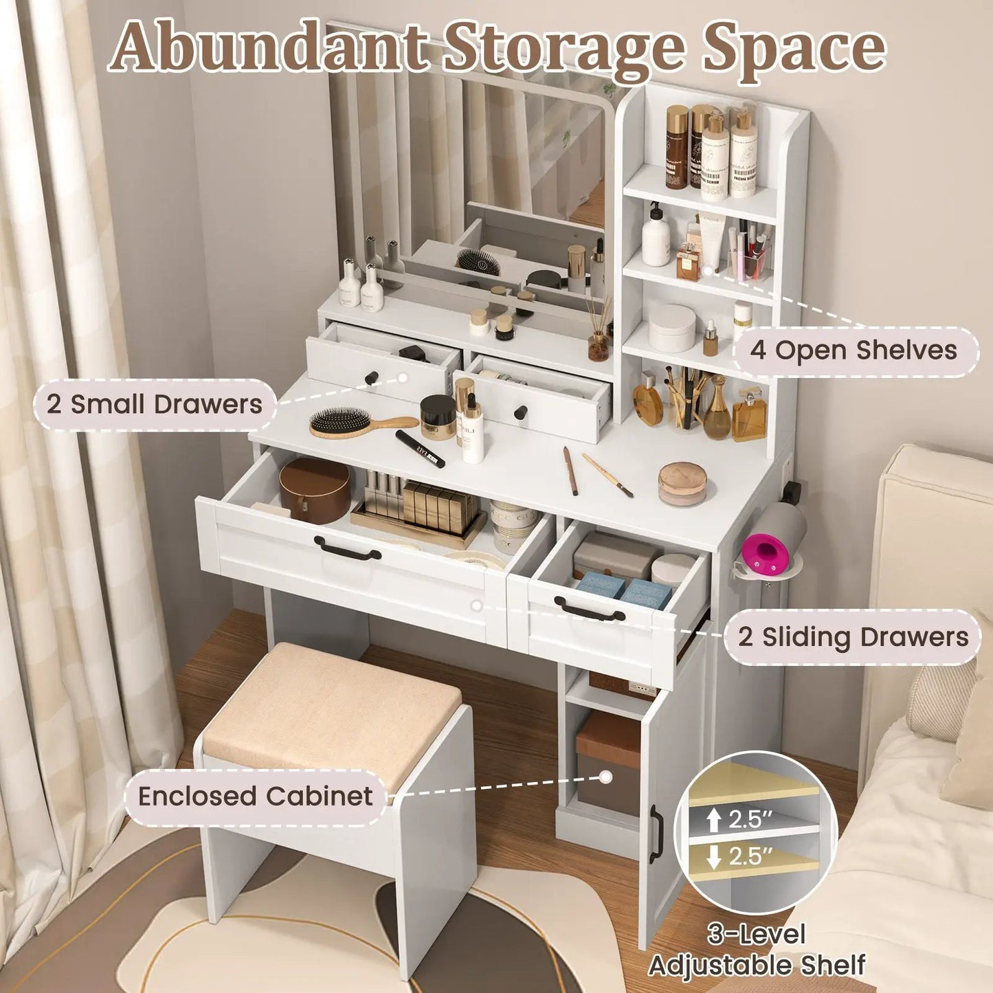 Vanity Set with Mirror and 3 Lighting Modes white vanity with 2 drawers on Tampa Home & Garden Store