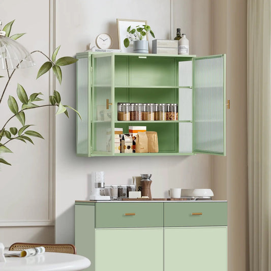 27.56-Inch Glass Doors Wall Cabinet Mint Green with ribbed glass panels on Tampa Home & Garden Store