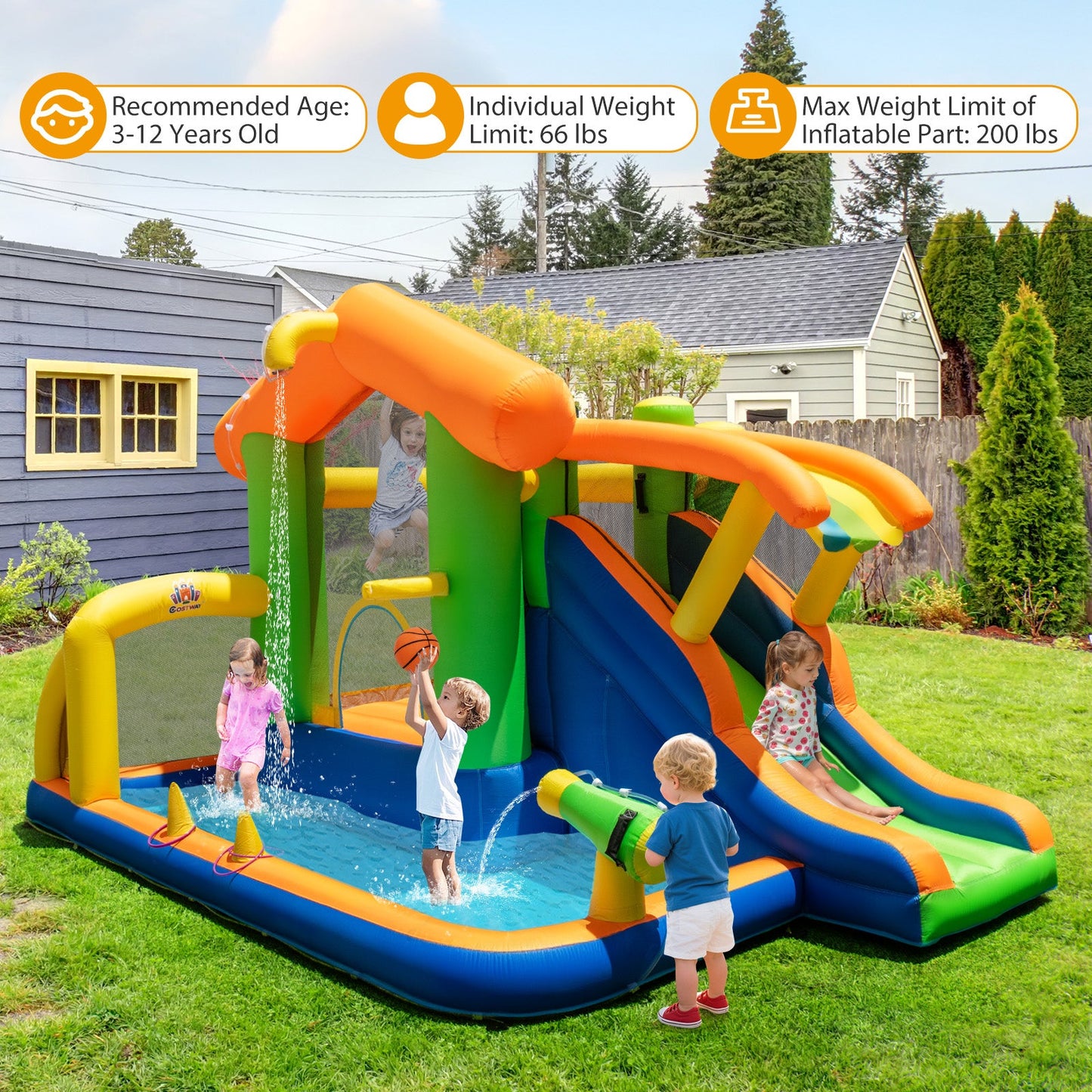 DirectDeals 8 in 1 Inflatable Bounce House Water Park with orange blue slides for backyard fun on Tampa Home & Garden Store