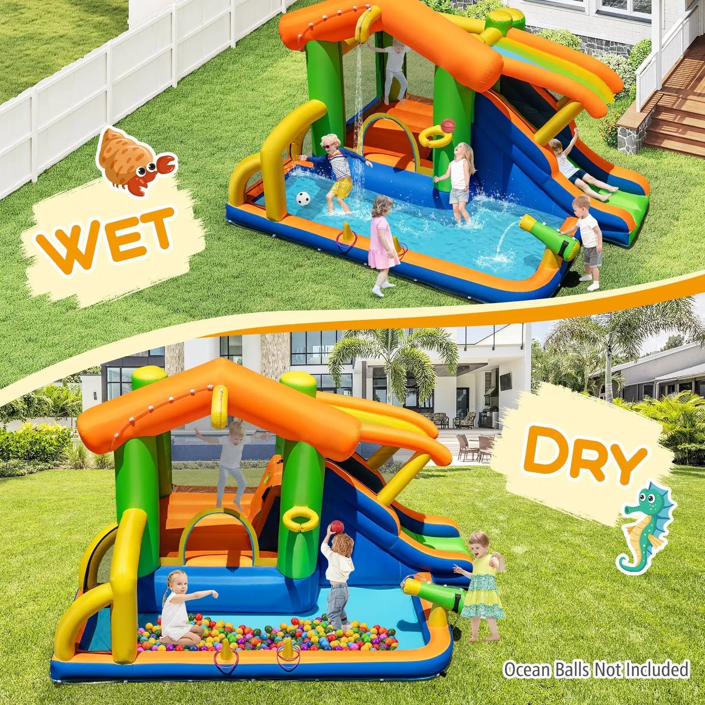 Inflatable bounce house water park with slide in orange blue and green colors on Tampa Home & Garden Store