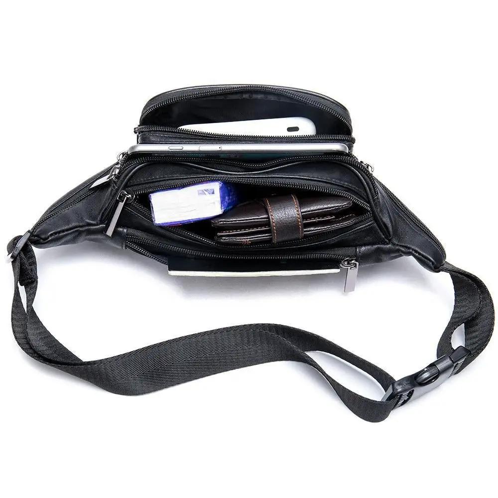 Bolso de cintura de piel de oveja para hombre, negro, para teléfono móvil, bolso bandolera de piel de oveja para ocio, deportes, bolso de pecho