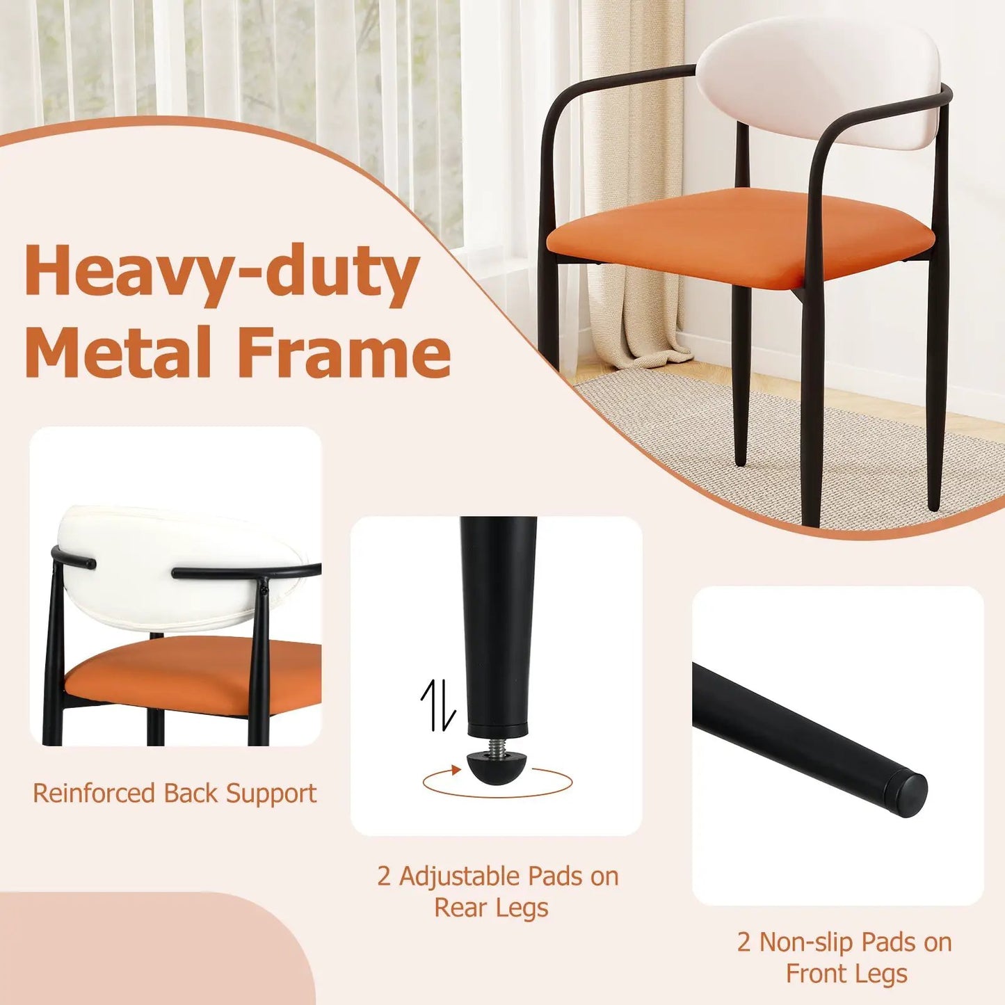 Modern dining chairs set of 2 with padded orange seats, white backrests and black metal frames on Tampa Home & Garden Store