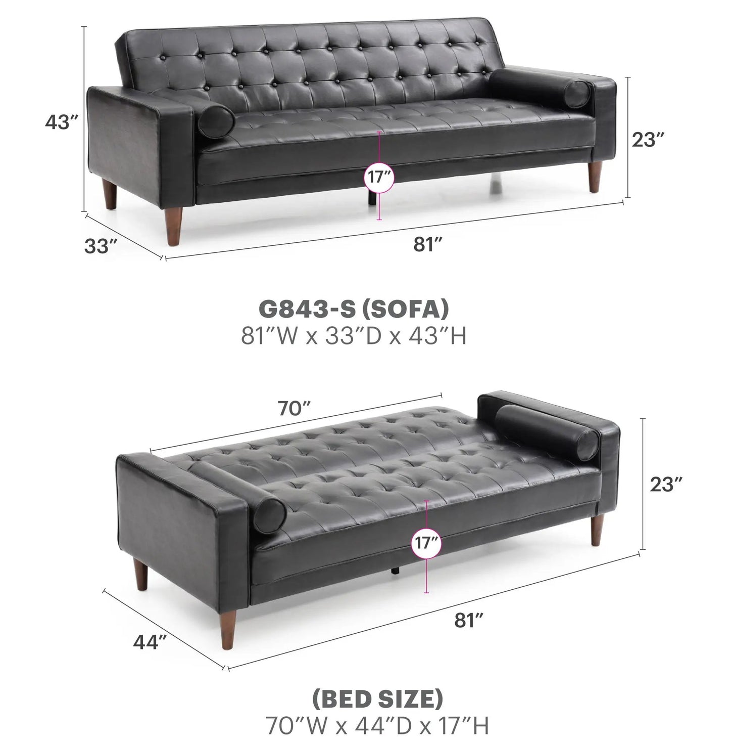 Andrews Sofa Bed Futon by Unique Piece Furniture in black tufted upholstery with wood legs on Tampa Home & Garden Store