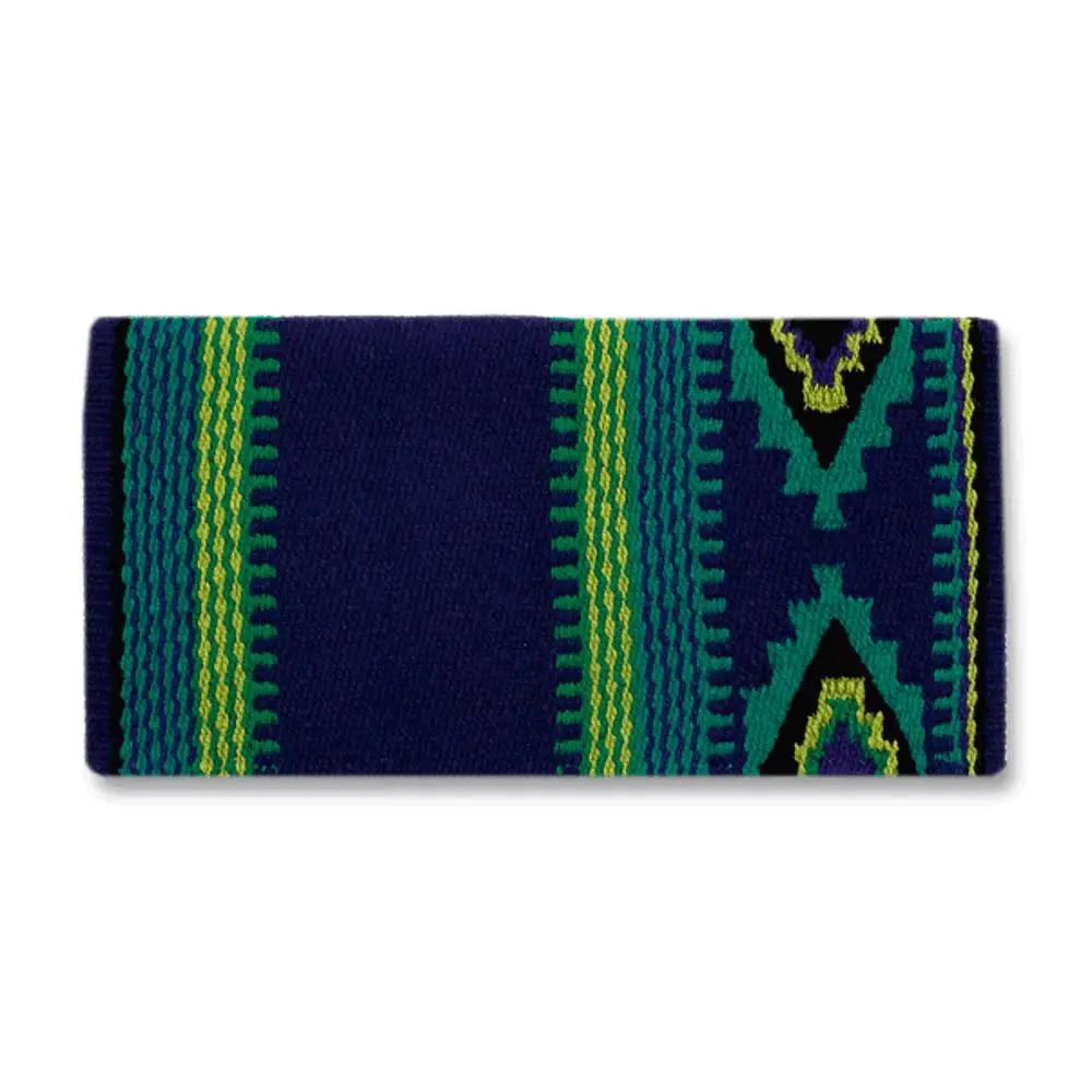 Mayatex Firecracker Wool Saddle Blanket, navy blue with green and teal geometric stripes, 36x34 on Tampa Home & Garden Store