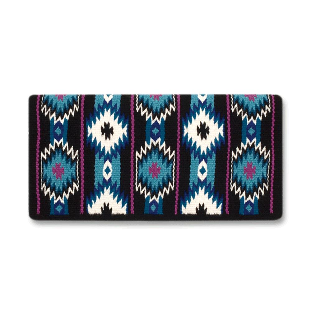 Mayatex NZ Wool Saddle Blanket 38x34 2x2 teal blue ikat on black background on Tampa Home & Garden Store