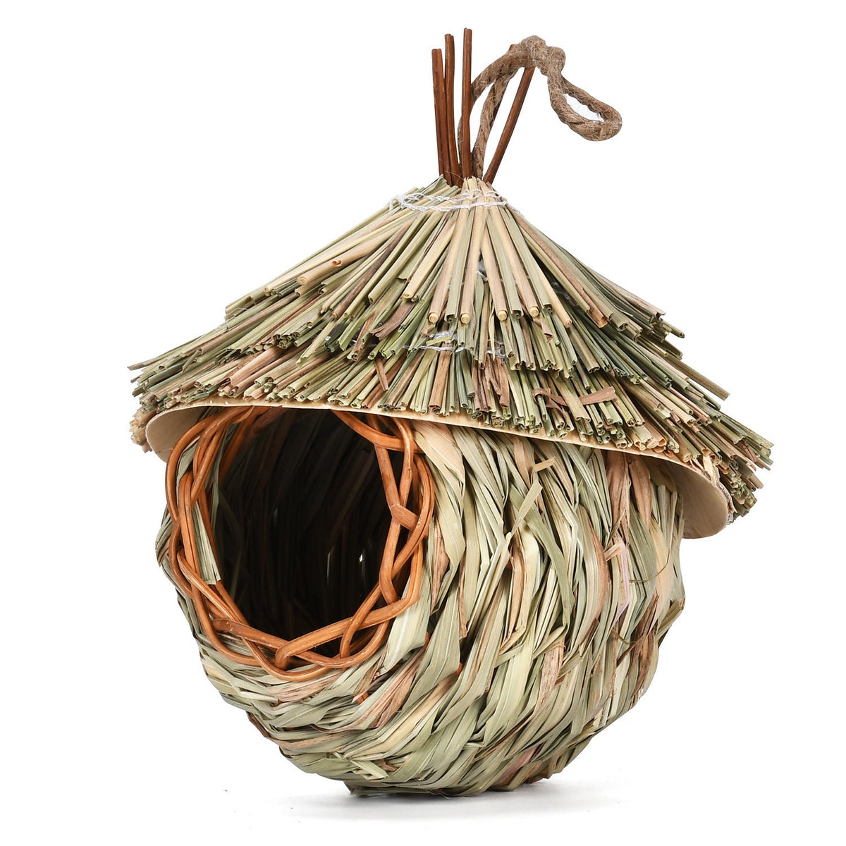 Hanging straw bird nest in natural beige and green tones with woven base and rope loop on Tampa Home & Garden Store