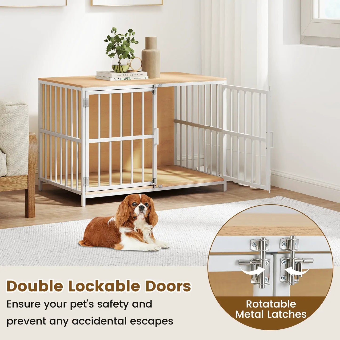DirectDeals 40 Inch dog crate with dual lockable doors, white metal frame and wood top on Tampa Home & Garden Store