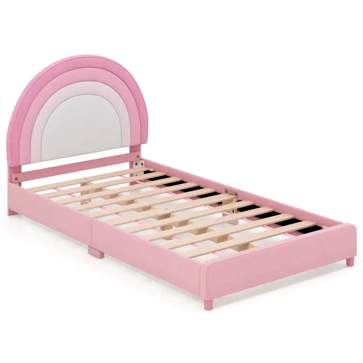 Pink twin bed frame for kids with rainbow arch headboard and slats on Tampa Home & Garden Store