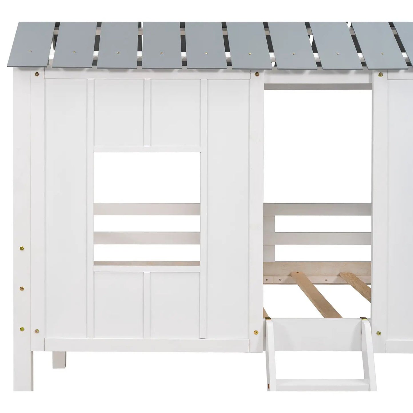 Twin-size low loft bed with white frame, gray slatted roof, house-style walls and ladder on Tampa Home & Garden Store