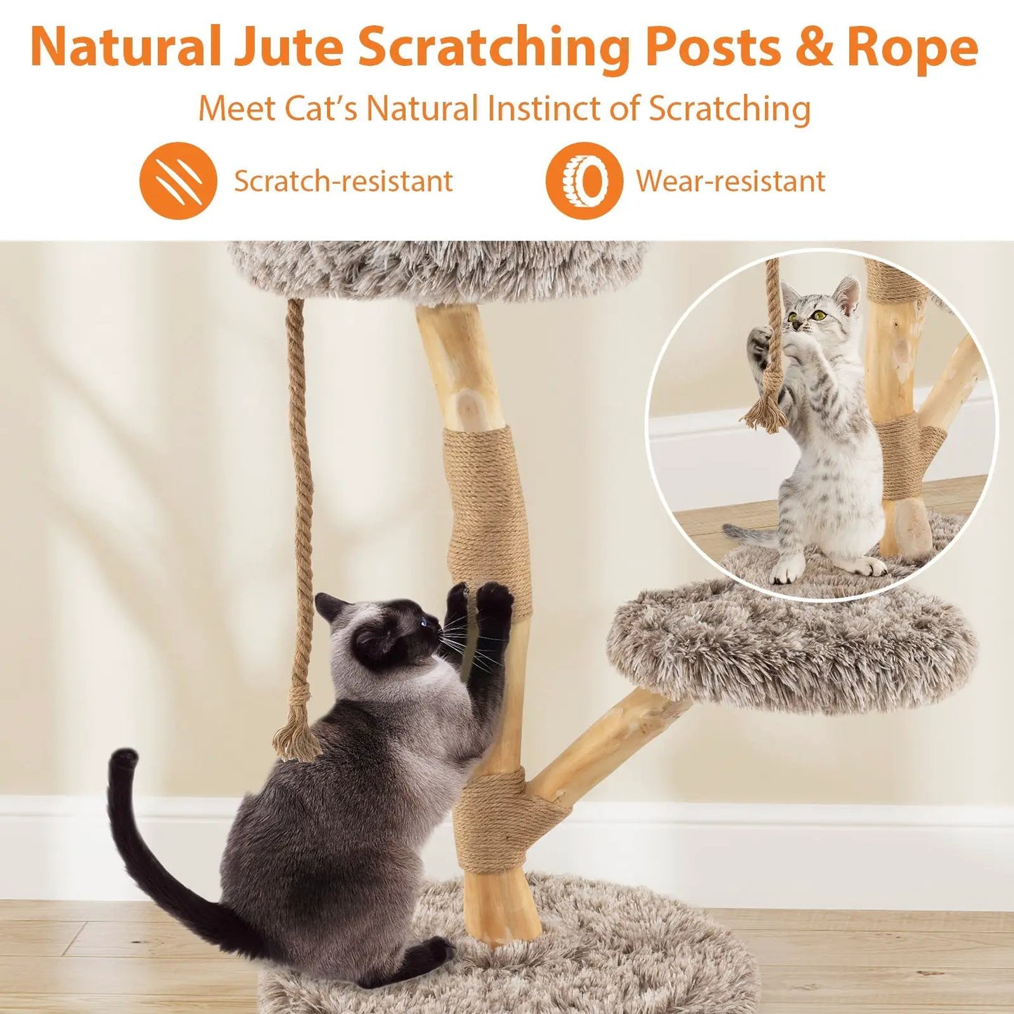Modern Wooden Cat Tree With Perch and Jute Posts