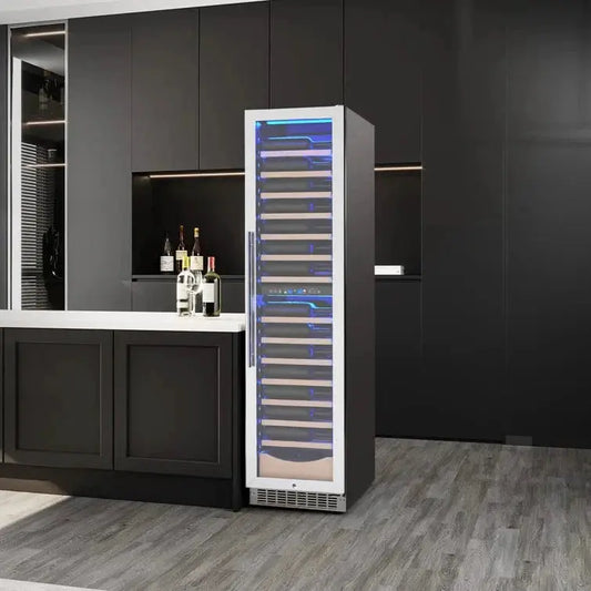 Kismile 111-bottle dual-zone wine refrigerator, 17.72-inch freestanding glass-door with blue LED on Tampa Home & Garden Store